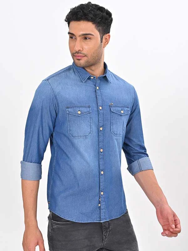 Indian Terrain Men's Slim Fit Full Sleeve Solid Blue Shirt